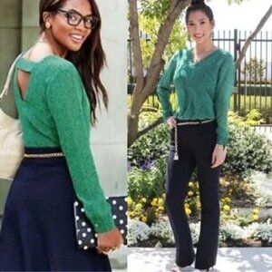 CABI Bountiful Navy and Green Semi-Sheer Blouse Pullover Long‎ Sleeve Sz M